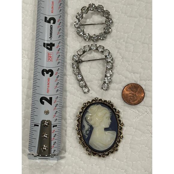 Lot 8 VTG Brooches Pins Cameo Violin Cat Leaf Rhinestone Lucky Horseshoe Event - Picture 2 of 9